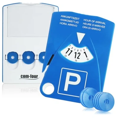 Afbeelding van COM FOUR® 2x parkeerschijf met parkeerkaarthouder, gordelsnijder en winkelwagenchips kunststof parkeermeter (2 stuks schijf chips snijder)