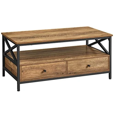 Afbeelding van VASAGLE salontafel, woonkamertafel, met 2 laden en open opbergplank, x vormig stalen frame, 100 55 45 cm, industriële stijl, rustieke walnoot zwart LCT201B41