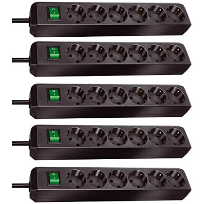 Afbeelding van Brennenstuhl Eco Line 6 voudige stekkerdoos (stekkerdoos met kinderbeveiliging, schakelaar en 1,5 m kabel) zwart (5 stuks)