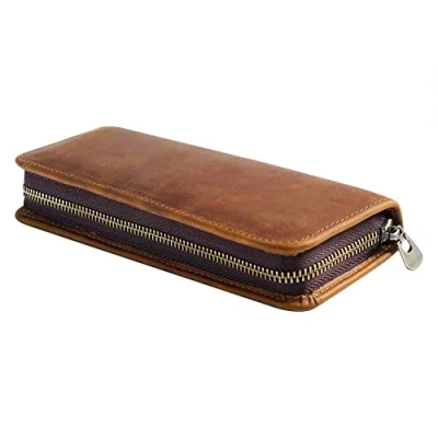 Afbeelding van MiOYOOW Leren pennenetui, vintage pennenetui met ritssluiting, grote capaciteit, etui voor school, werk, kantoor, bruin,