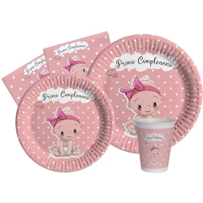 Afbeelding van Party Tableware Set Primo Compleanno for 24 people (112 pcs: plates Ø23cm, Ø18cm, cups 200ml, 40 napkins 33x33cm) in eco friendly compostable paper, pink