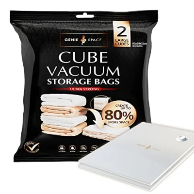 Afbeelding van GENIE SPACE Zeer Sterke Premium Kubus Ruimtebesparende Vacuum Zakken 2 x GROTE (80x60x32cm) Luchtdicht &amp; Herbruikbaar Creëer 80% meer ruimte voor Kleding, Handdoeken, Beddengoed, etc.
