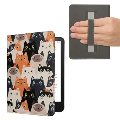 Afbeelding van kwmobile E reader hoesje geschikt voor Amazon Kindle Paperwhite (12. Gen 2024)/Kindle Colorsoft hoes flip case met magneetsluiting Ereader cover Katten design in oranje / zwart wit