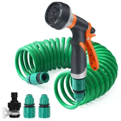 Afbeelding van Flexibele tuinslang, 7,5 m spiraalslang, complete set met 8 functies, handdouche, tuinsproeier, tuinirrigatie voor autowassen, huisdierdouche, tuinieren