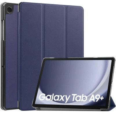 Afbeelding van Samsung Galaxy Tab A9 Plus Hoes: iMoshion Trifold Bookcase Donkerblauw Kunstleder Tablet Hoezen