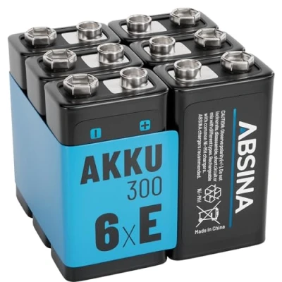 Afbeelding van ABSINA 6X 9V oplaadbare batterij blok 300 met lage zelfontlading blokbatterij NiMH min. 270mAh &amp; 8,4V E Block batterij, oplaadbaar,