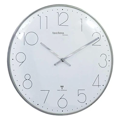Afbeelding van moderne filigrane radiografisch bestuurbare wandklok met gebogen glazen kap en een zeer duidelijke wijzerplaat, van Technoline, Ø 35 cm, chroom optiek, WT 8235 chroom, zilver:, x 2,5 cm