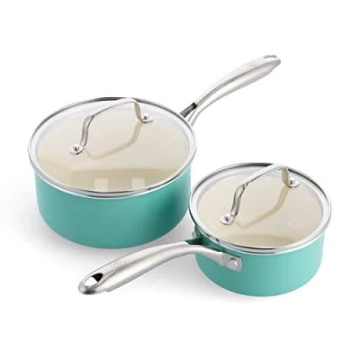 Afbeelding van GreenLife Artisan Turquoise 4 delige steelpannenset met deksel 14 en 18cm PFAS vrij