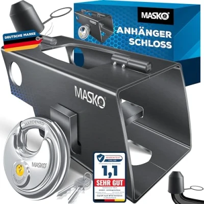 Afbeelding van MASKO® Aanhangerslot met scharniersysteem voor gekoppelde en ontkoppelde aanhangers, diefstalbeveiliging, caravanslot, inclusief discusslot, sleutel beschermkap, antraciet