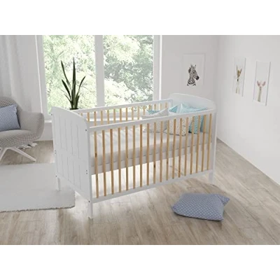 Afbeelding van Love For Sleep Maddox Babybed, kinderbed, 70 x 140 cm, wit, lattenbodem, ledikant van hout, 3 in 1, met meegeleverde houten veiligheidsbarrières