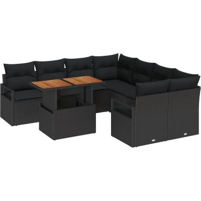 Afbeelding van vidaXL 9 delig Tuinbankstel met Kussens Zwart Poly Rattan Acacia, 2 zits Tuinbank