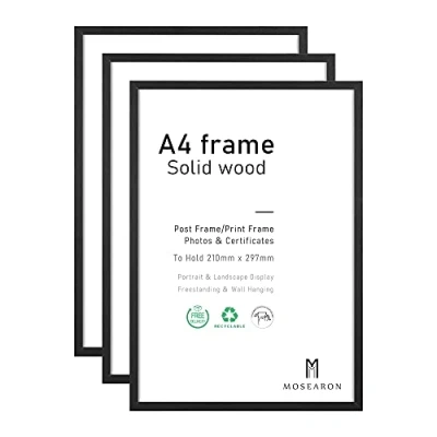Afbeelding van A4 fotolijst, Pack 21x30cm zwart fotolijstje, certificaatframe voor wandmontage of tafelblad display (zwart hout, A4, set van 3)
