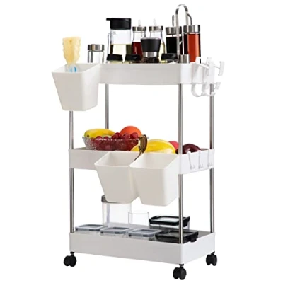 Afbeelding van DOEWORKS Opslagwagen, 3 laags opbergkar met wielen rollende bruikbare kar hangende bekers Multifunctioneel opbergrek voor keuken badkamer slaapkamer kantoor, wit