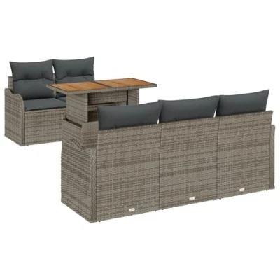 Afbeelding van vidaXL 6 delige Tuin Sofa Set met Kussens Grijs Poly Rattan Acacia, 2 zits