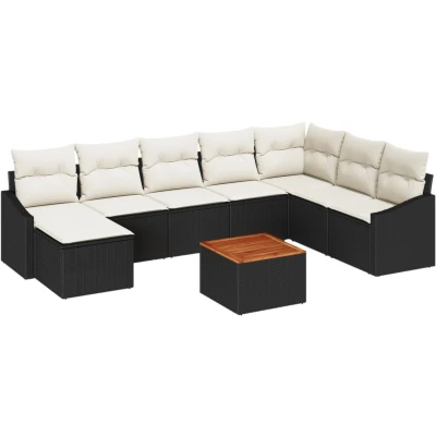 Afbeelding van vidaXL 9 Delige Tuin Sofa Set met Kussens Zwart Poly Rieten Acaciahout