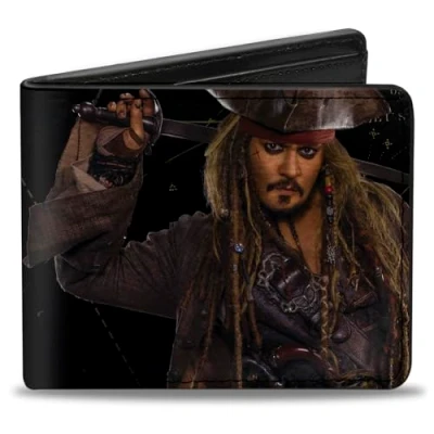 Afbeelding van Buckle Down Heren Jack Sparrow Vivid Zwaard Pose + Piraten Logo/Schedel Bi Fold Wallet, Multi kleuren, Standaardgrootte