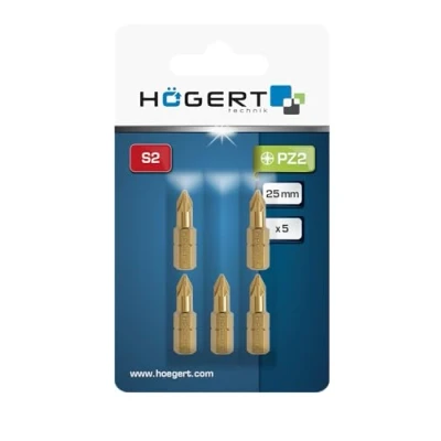 Afbeelding van HÖGERT TECHNIK PZ2 schroefbits 25 mm, 5 stuks, S2 staal, TiN gecoat, slim profiel, antislip, 1/4 inch zeskantschacht, DIN 3126, voor accu en netschroevendraaier