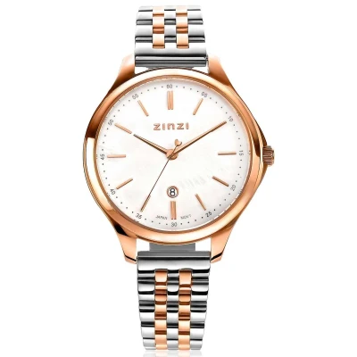 Afbeelding van ZINZI Classy horloge 34mm wit parelmoer wijzerplaat roségoudkleurige stalen kast en bicolor band, datum ziw1018