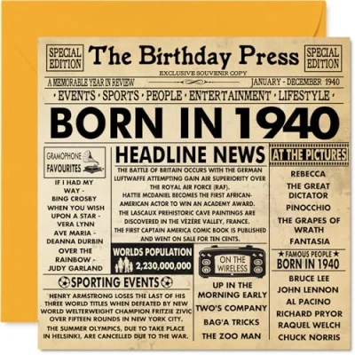 Afbeelding van 84e verjaardagskaarten voor mannen vrouwen geboren in 1940 krant Happy 84 verjaardagskaart opa oma Nan Vintage Retro terug 1940, 145 mm x Vierentachtig vierenachtigste verjaardag