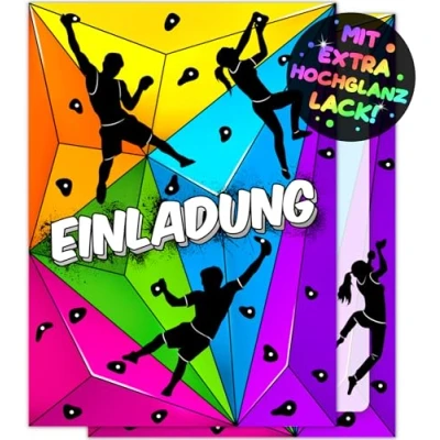 Afbeelding van 12 x klimuitnodigingskaarten, kinderverjaardag, voor jongens en meisjes, de Boulder Party kaarten zijn boulderen uitnodiging kinderen, klimverjaardag, uitnodiging, klimhal,