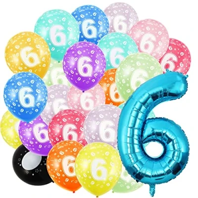Afbeelding van Verjaardagsgetallen ballon 6 jaar en 20 stuks 30 cm blauwe folieballon in 40 101 verjaardagsdecoratie cijfer decoratie voor verjaardag vliegt met helium mannen vrouwen