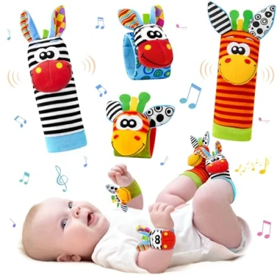 Afbeelding van 4 stuks babyspeelgoed rammelsokken en pols, pluche speelgoed spel baby zacht sensorisch voor pasgeborenen jongens meisjes 0 6 maanden 12