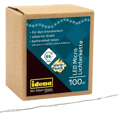 Afbeelding van Idena 30185, micro led lichtketting met 100 leds, warmwit, 6 uur timerfunctie, werkt op batterijen, ca. 10,2 m lang, voor feestjes, Kerstmis, decoratie, bruiloft, sfeerlicht