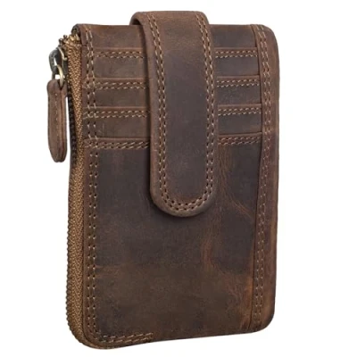 Afbeelding van STILORD &#039;Archer&#039; lederen sleuteletui Mini Card Wallet kleine portemonnee RFID Organiser sleutelhanger met geschenkverpakking, Kleur:middel bruin