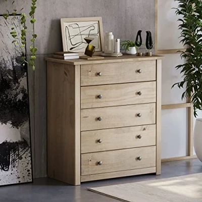 Afbeelding van Home Discount Panama commode met 5 laden van massief, gewaxt grenenhout eiken afwerking