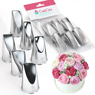 Afbeelding van CukkiCakes Set van 6 professionele spuitmonden om bloemen te maken (124, 120, 122, 124k, 125k, 126k), voor het versieren cupcakes en taarten, compatibel met spuitzak, gemaakt in Korea