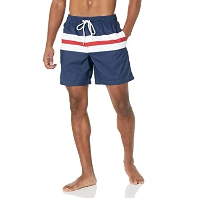 Afbeelding van Amazon Essentials Men&#039;s Sneldrogende zwembroek met binnenbeenlengte van 18 cm, Marineblauw Rood Wit Streep, S