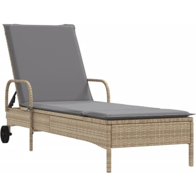 Afbeelding van Ligbed met wielen en kussen poly rattan beige