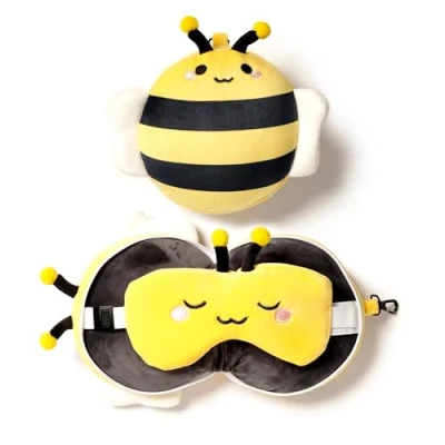 Afbeelding van Relaxeazzz Bij knuffel/reiskussen/slaapmasker 2 in 1 set voor kinderen vliegtuig of auto