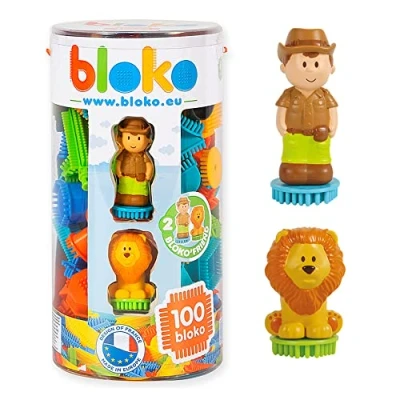 Afbeelding van BLOKO Buis van 100 met 2 3D jungle figuren vanaf 12 maanden gemaakt in Europa bouwspeelgoed 1e leeftijd 503663