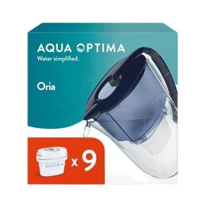 Afbeelding van Aqua Optima PJ0614 Oria Waterfilterkan &amp; 9 x 30 dagen Evolve+ filterpatroon, 2,8 liter inhoud, voor reductie van microplastics, chloor, kalk en onzuiverheden, blauw