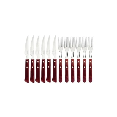 Afbeelding van Tramontina Steakbestek Spaanse stijl, set 12 delig, met 6 steakmessen en steakvorken, roestvrij staal, echt houten handvat in rood, FSC