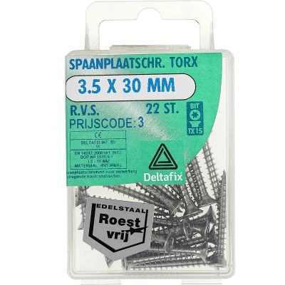Afbeelding van Deltafix spaanplaatschroef platkop / torx r.v.s. a2 3.5 x 30 mm 22 st.