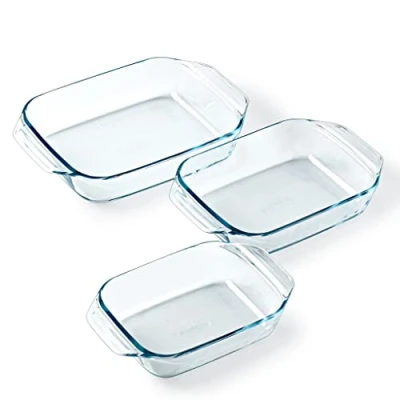 Afbeelding van Pyrex Set van 3 rechthoekige ovenschalen Ideaal voor 2 tot 6 personen maten Borosilicaatglas Grote handgrepen Extreem sterk Vaatwasmachinebestendig Made in France