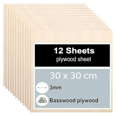 Afbeelding van 12 stuks 3 mm multiplex 30 cm linden dunne houten blanks panelen voor knutselen, laserbewerking, brandschilderen, modelbouw, decoratie, schilderen
