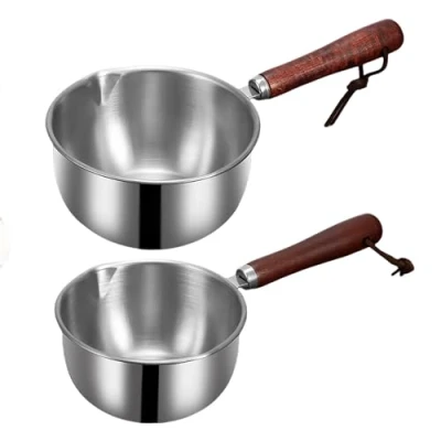 Afbeelding van 2 stuks melkpan met schenktuit: pan steelpan 304 roestvrij staal houten handvat, melkpan, inductie, boter, warme pan, ovenpan, oliepan, kleine voor keuken, gasfornuis (300 ml + 400 ml)
