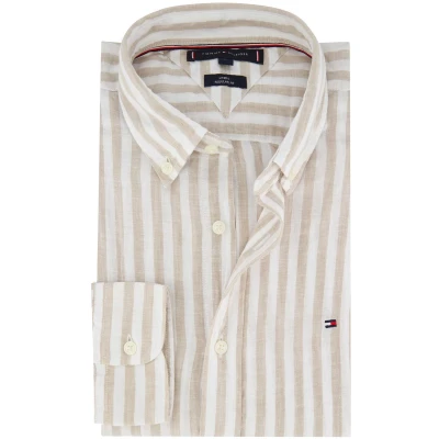Afbeelding van Tommy Hilfiger heren Regular fit overhemd van linnen met streepprint in de kleur Beige, maat: S