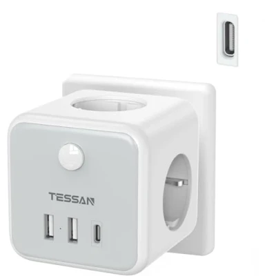 Afbeelding van TESSAN 2 Ports USB C Socket, 6 in 1 Cube dief Triple Sockets met Type C, Meervoudige wandcontactdoos schakelaar, Oplader compatibel telefoon, Pad, Home Office