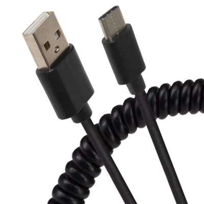 Afbeelding van Maplin USB A naar Micro B opgerolde krullende kabel die uitstrekt tot 1,2 m zwart