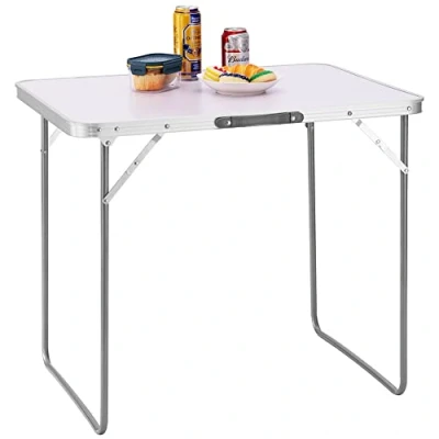 Afbeelding van BAKAJI Campingtafel, picknick, wit, frame van aluminium, inklapbaar systeem met draaggreep, tafel voor tuin en buiten, afmetingen 60 x 80 68 cm