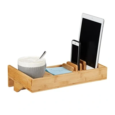 Afbeelding van Relaxdays bedplankje, met ruimtebesparende organizer, glashouder Ø 9 cm, van bamboe, nachtplank, natuurlijke kleur