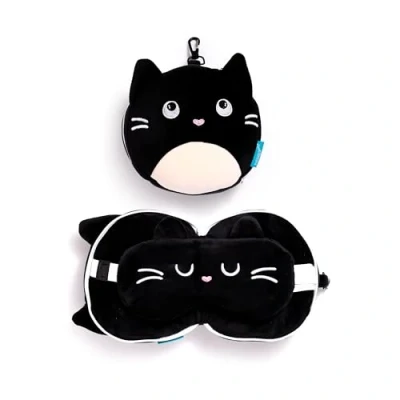 Afbeelding van Puckater Reiskussen &amp; Slaapmasker Relaxeazzz Feline Fine Rond Zwart&amp;Wit Poes