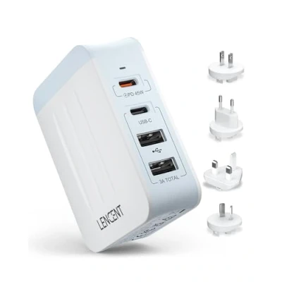 Afbeelding van LENCENT Universele Reisadapter, 45W Multi USB Oplader, Internationale Adapter met 2 PD Type C+2 Poorten, Wereldwijde Reisstekker voor A/C/G/I (USA/UK/EU/AUS) Stopcontacten, Wit