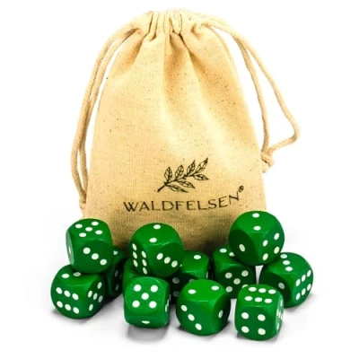 Afbeelding van Waldfelsen 6, 12, 20, 30 of 50 hoogwaardige houten kubussen van echt beukenhout, 16 mm standaard dobbelstenen met stoffen zak, dobbelstenen, set 12 stuks, groen