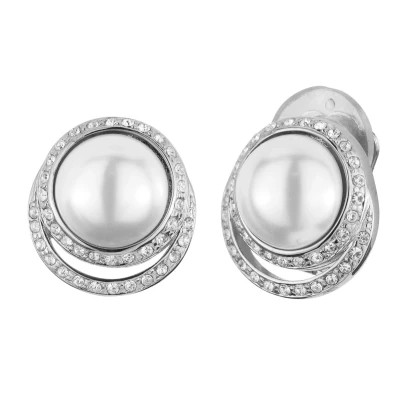 Afbeelding van Traveller Clip Oorbellen Oorclips Dames Zilverkleurig Parels Wit Kristal Preciosa Crystals Geplatineerd 114240