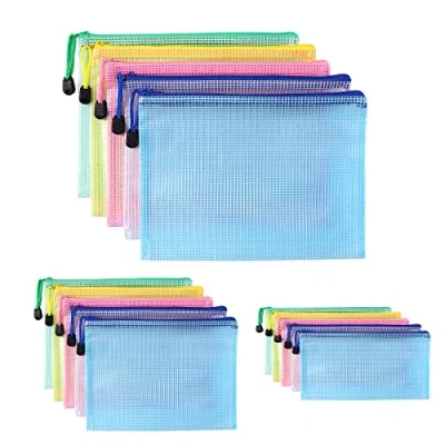 Afbeelding van Oderra Plastic Documenttas, 15PCS zakje met ritssluiting, PVC mesh ritssluiting Document portefeuille, kleine voorwerpen opbergen, cosmetica en reisaccessoires enz.,A4+A5+A6,5 kleuren